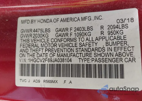 2018 Honda Accord Ex-L 2.0T из США, поврежденный, VIN 1HGCV2F69JA038104